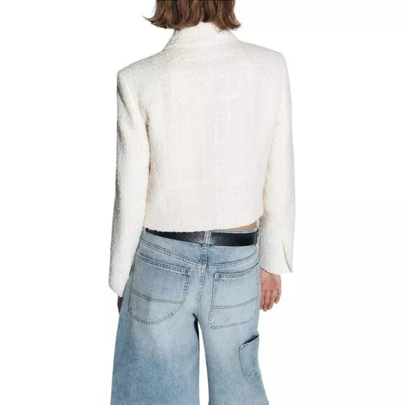 Zara Tweed Button Accent Collared Long Sleeve Cropped Blazer Jacket Ecrue Size M - Picture 2 of 7